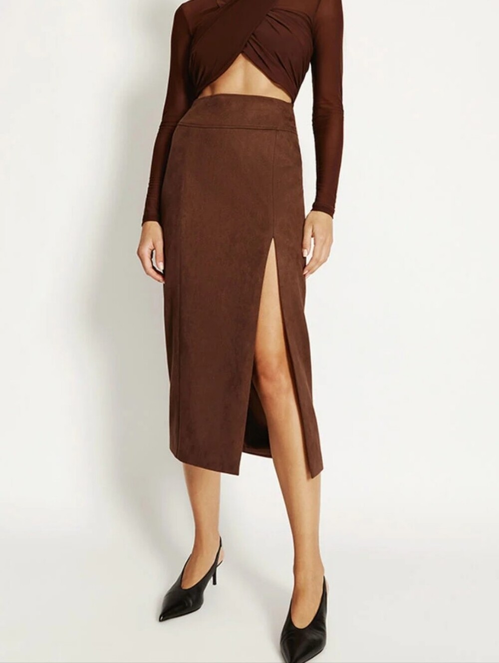 Bardot dante vegan suede midi skirt in chocolate
